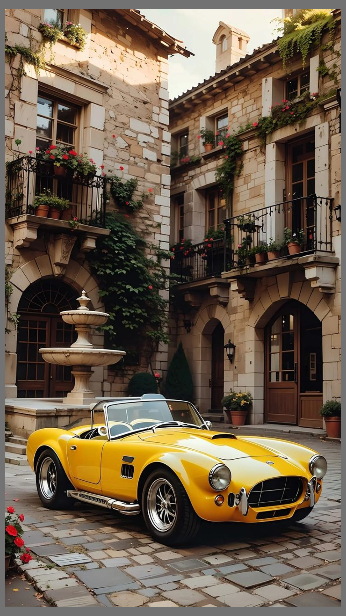 Vintage Yellow Sports Car in European Courtyard