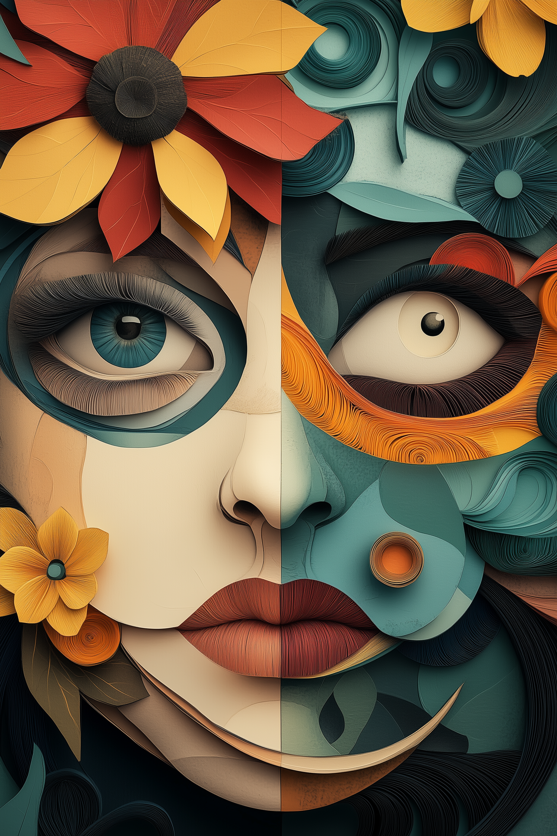 Abstract Dual Portrait with Floral Elements