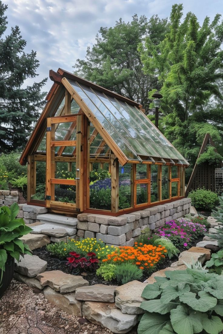 Cozy Wooden Greenhouse Amidst Flowers