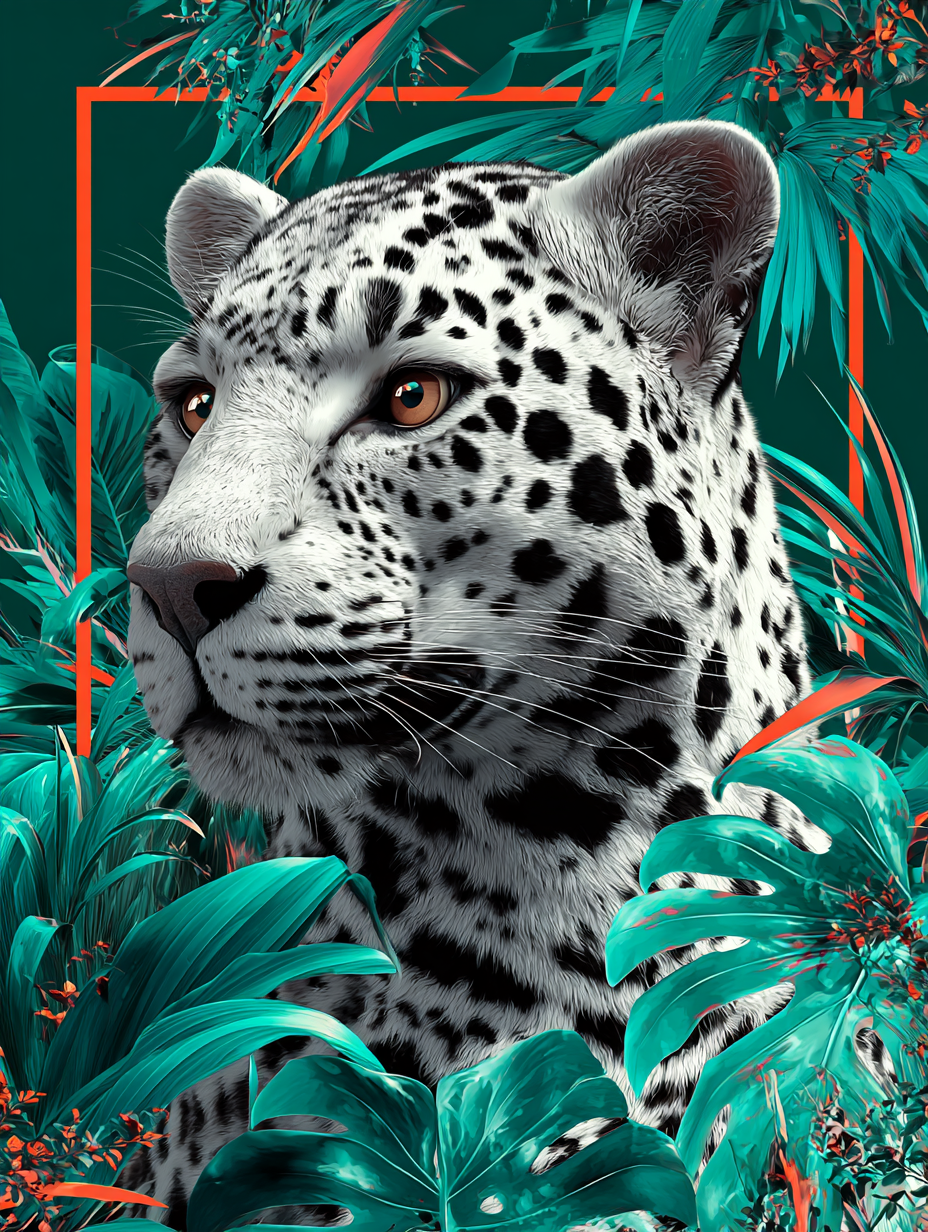 Snow Leopard Amidst Tropical Leaves
