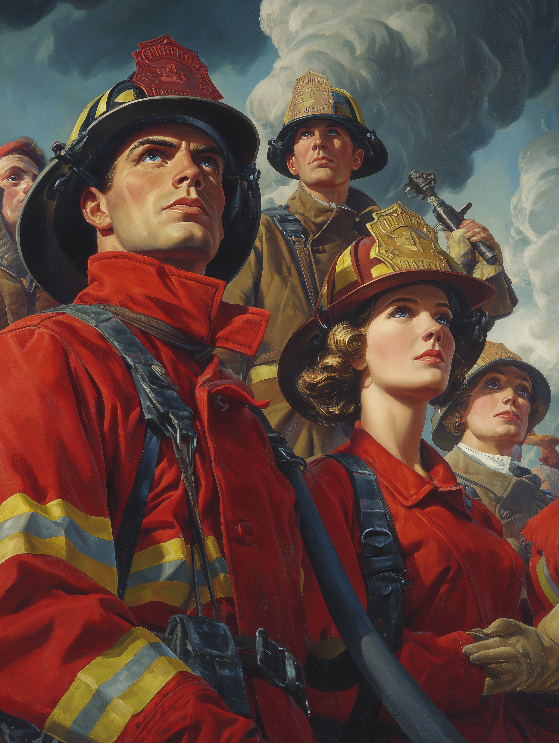 Firefighters in Red Uniforms