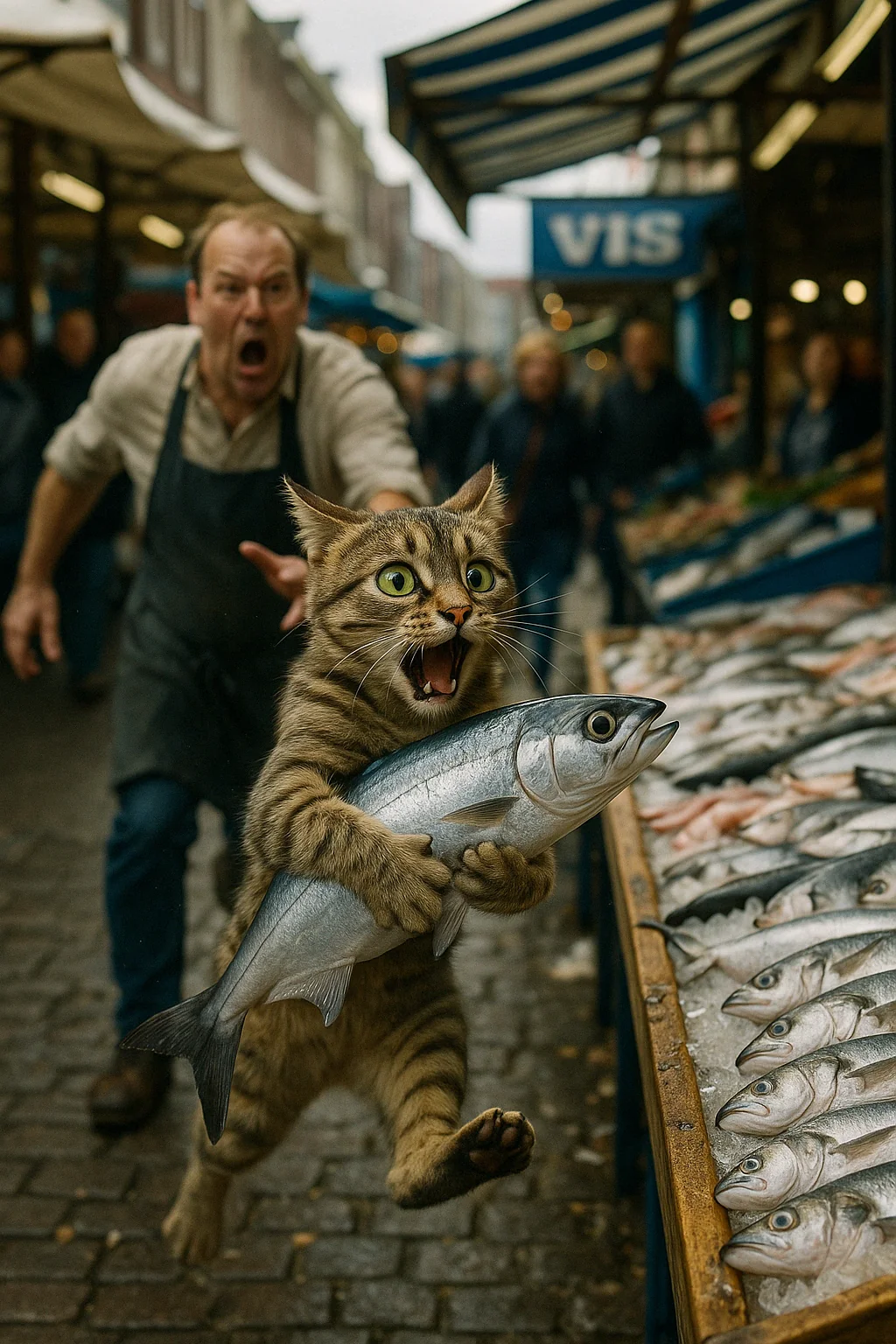 Cat Carrying Fish in Fish Market