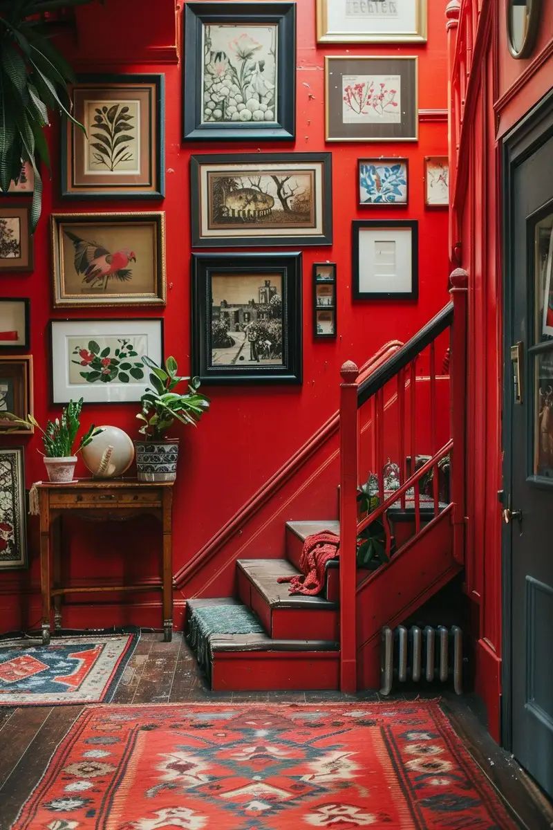 Red Staircase with Vintage Art