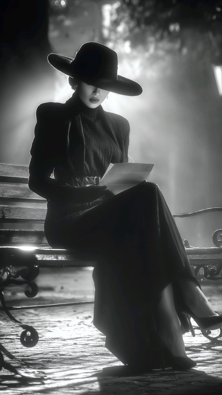 Elegant Woman Reading on Bench