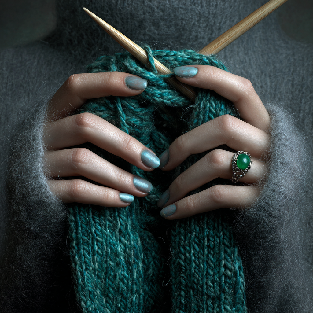 Knitting with teal nails and ring