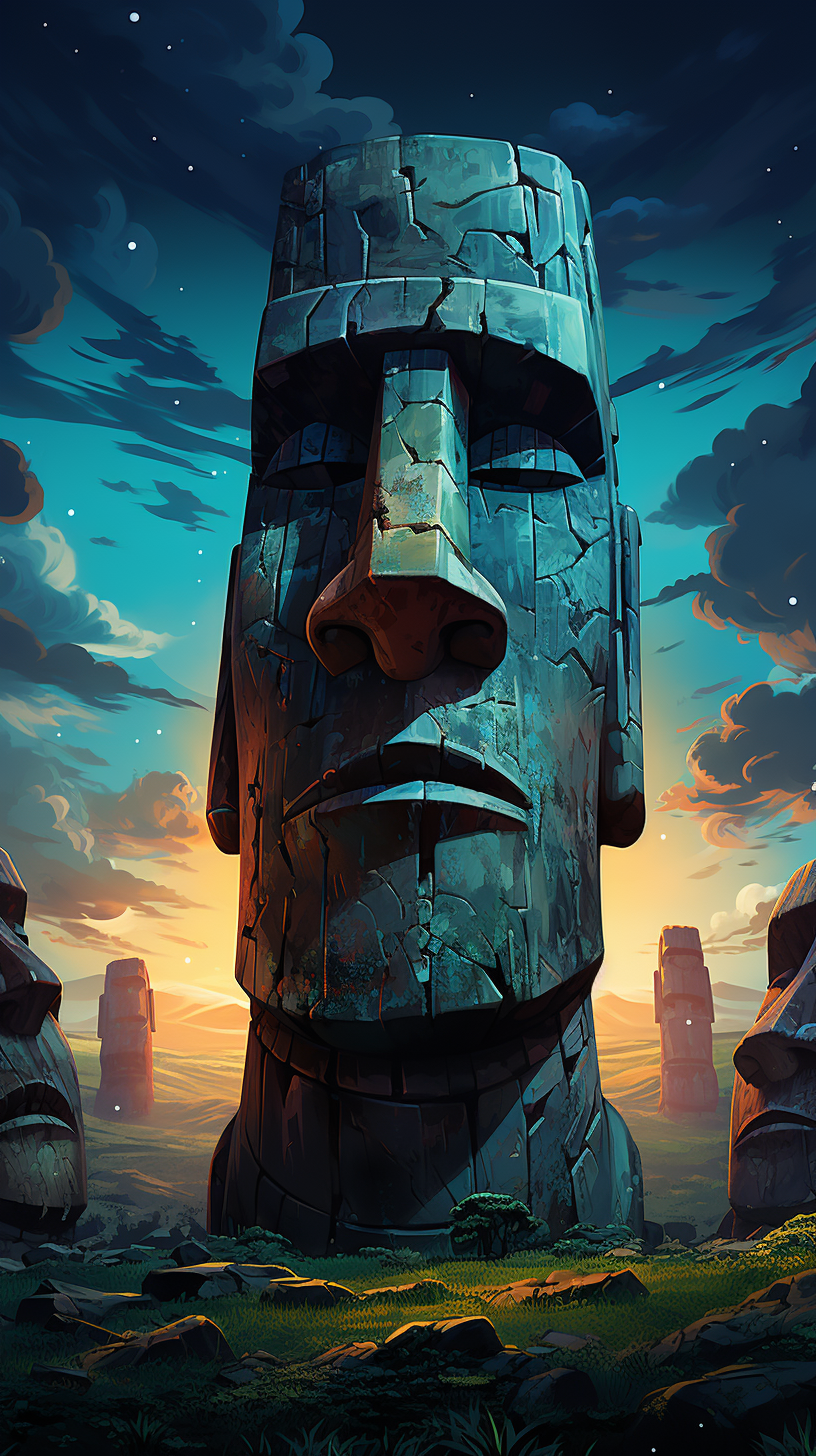 Moai statues at sunset