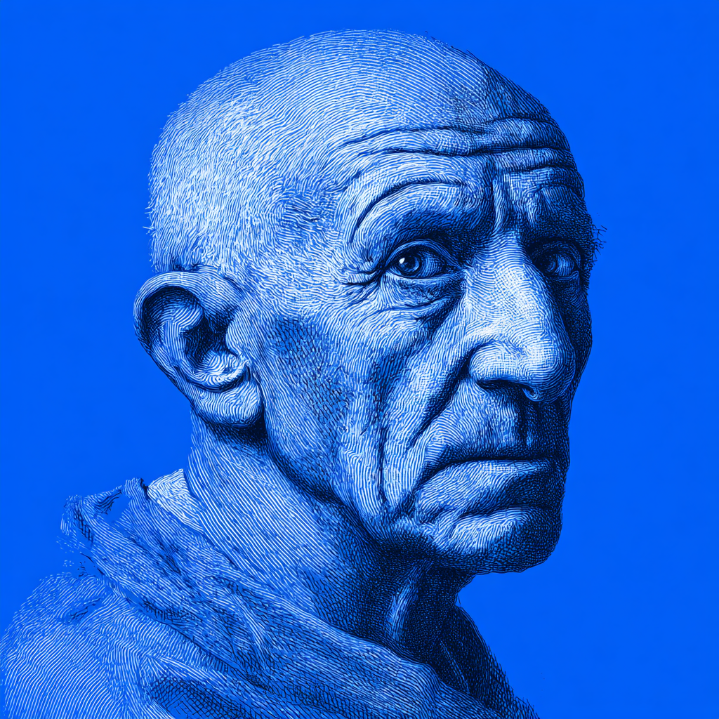 Blue Ink Portrait of an Elderly Man