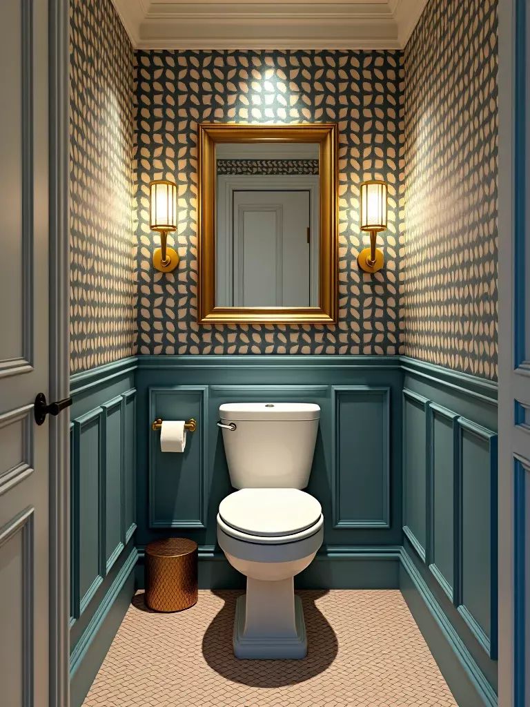 Elegant Toilet Room with Geometric Wallpaper