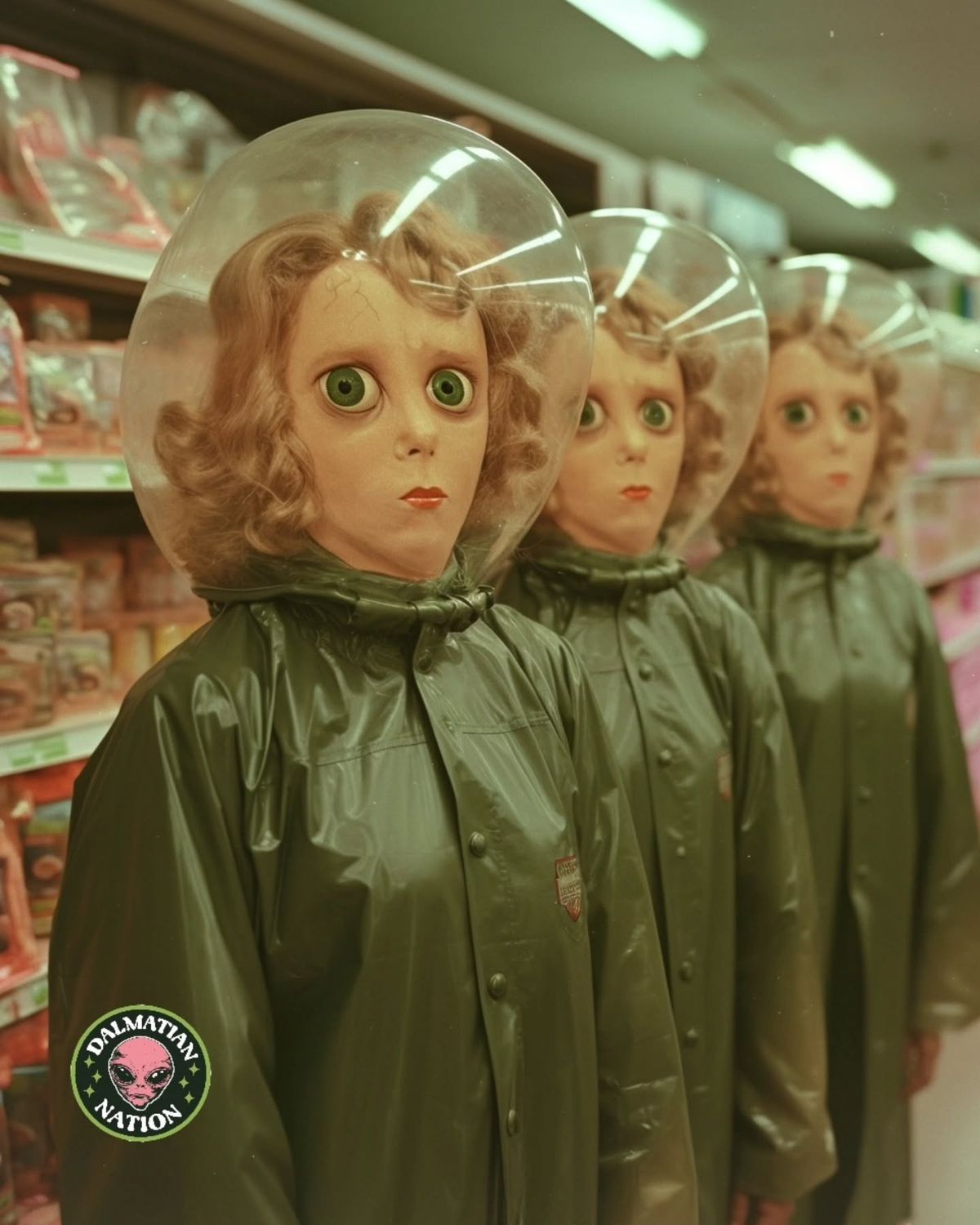 Alien dolls in a supermarket