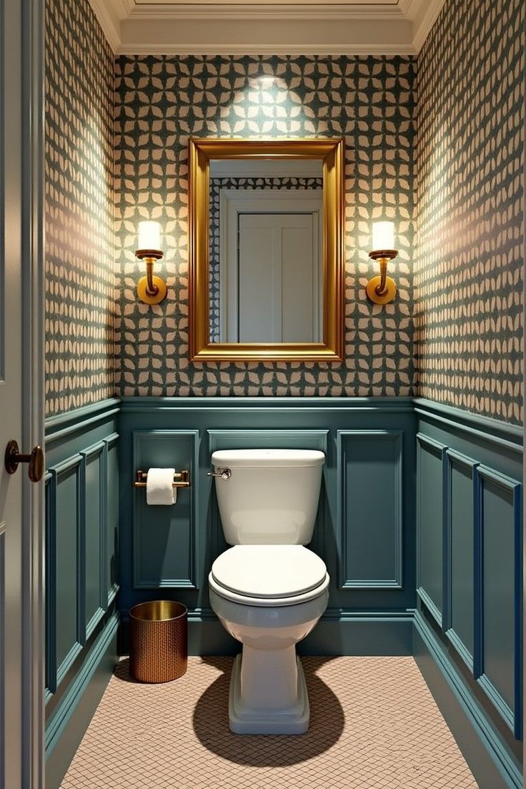 Vintage-style bathroom with blue paneling and patterned wallpaper