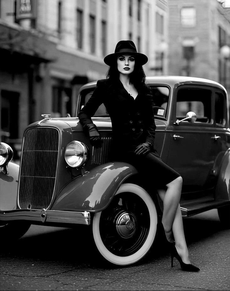 Elegant Woman in Hat Beside Vintage Car