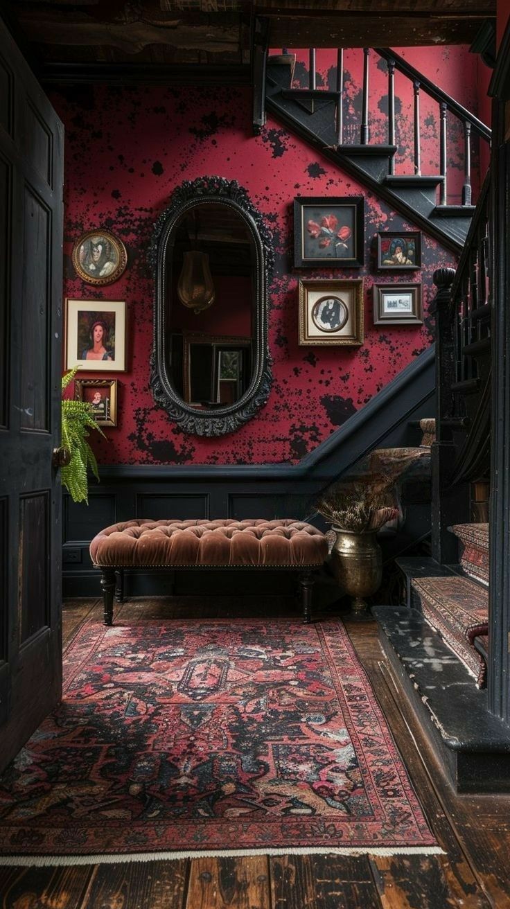 Gothic Entryway with Red Velvet Bench