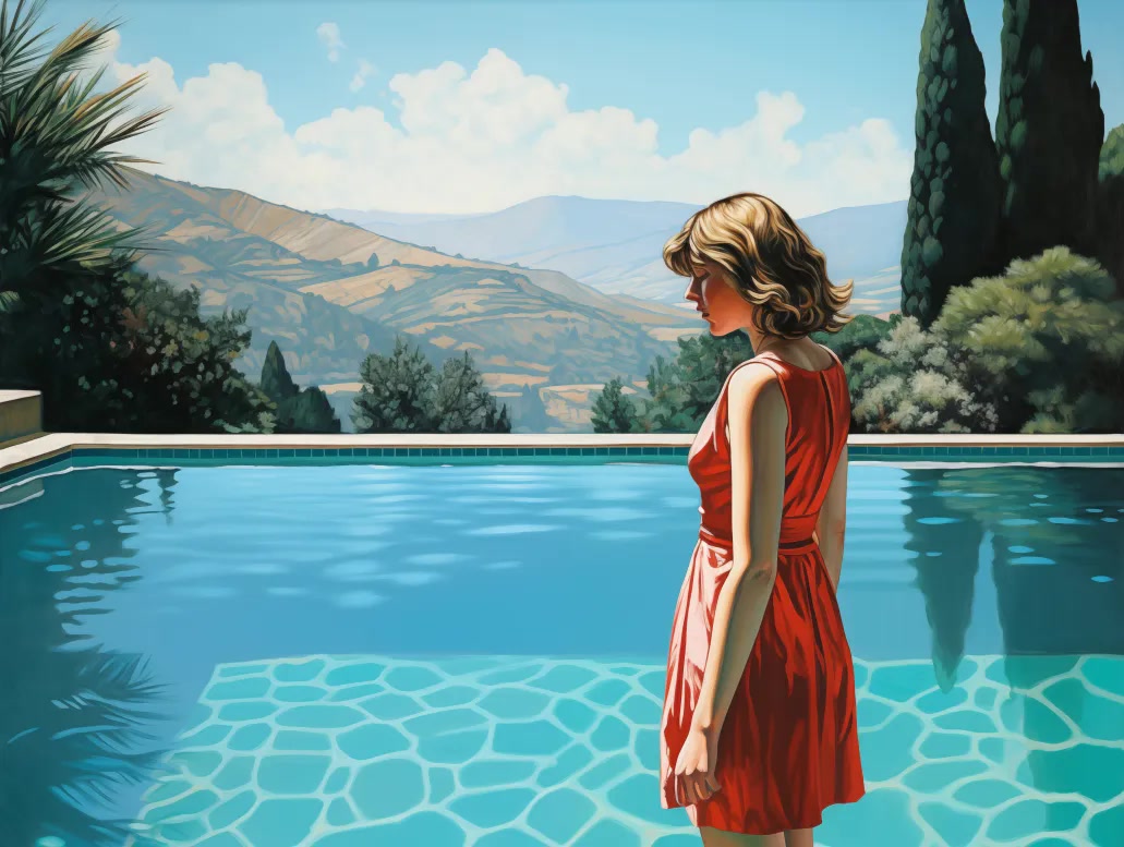 Woman in Red Dress by Poolside
