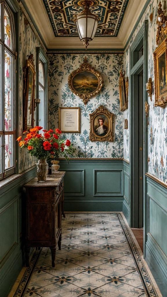 Vintage hallway with floral wallpaper and antique furniture