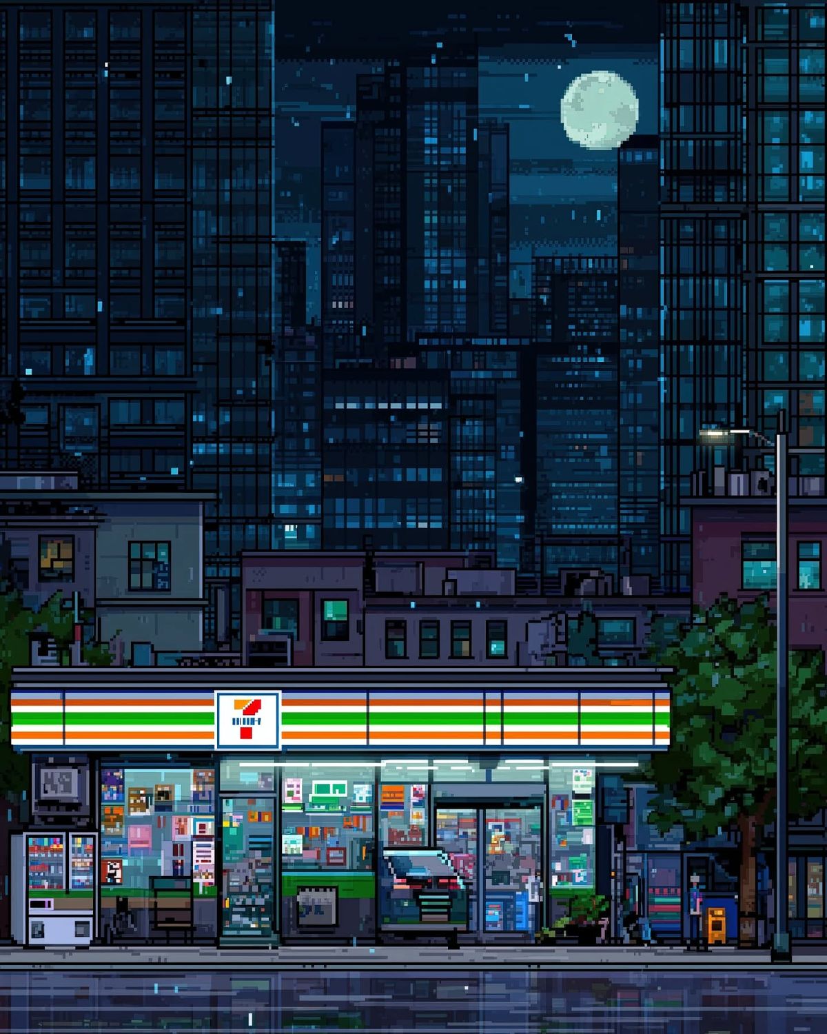 Urban Night Scene with 7-Eleven
