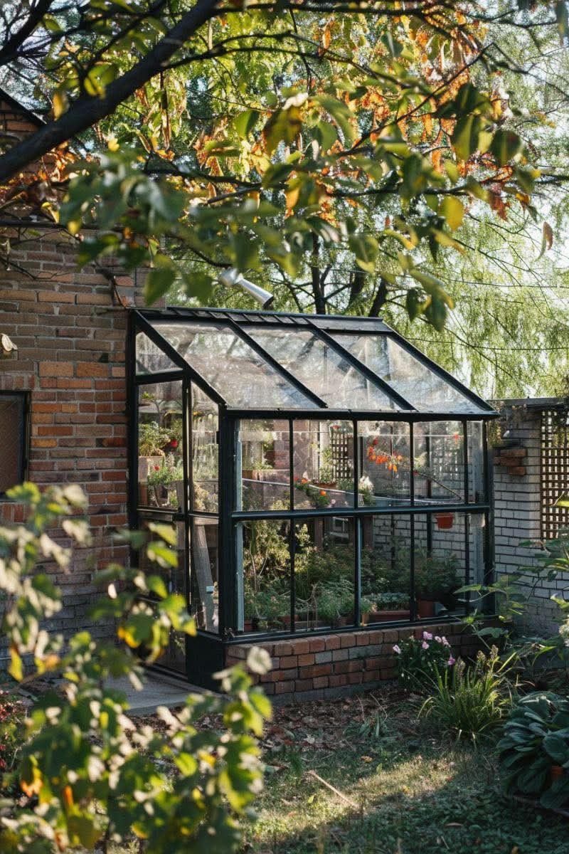 Modern greenhouse with brick walls