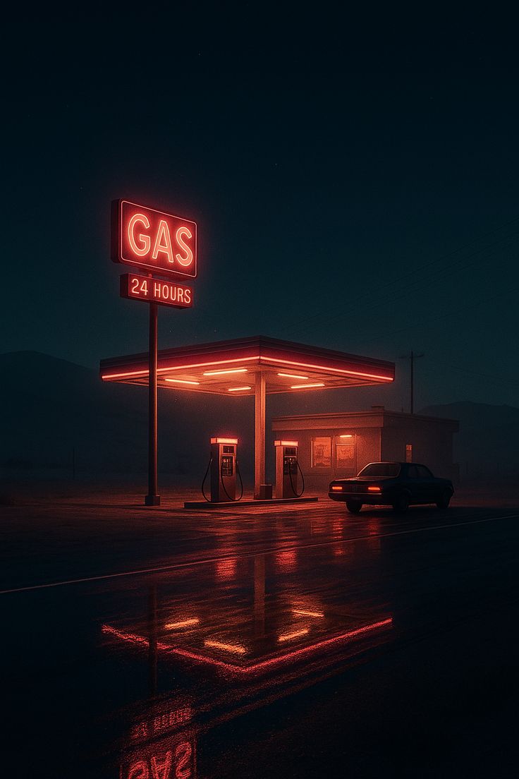 Neon Gas Station at Night