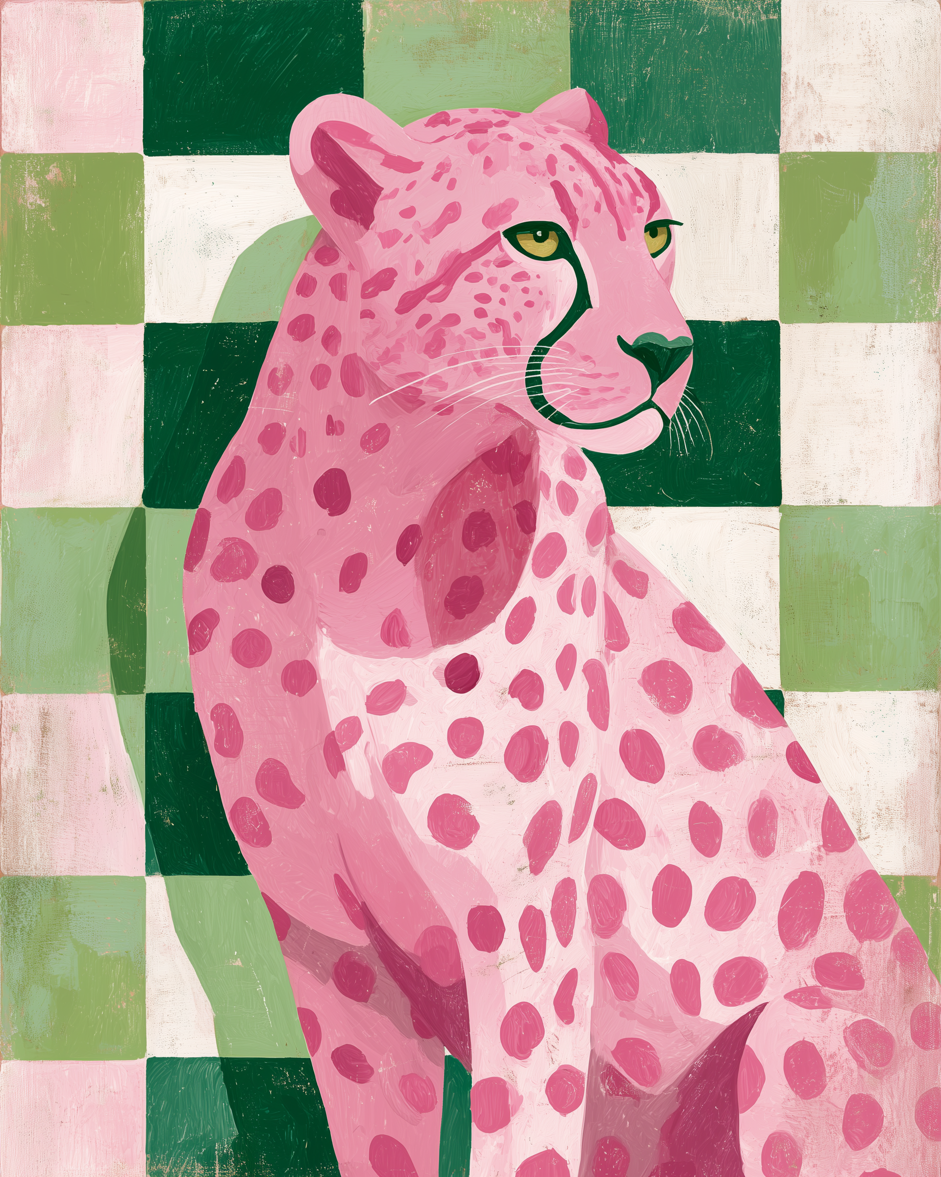 Pink Leopard on Checkered Background