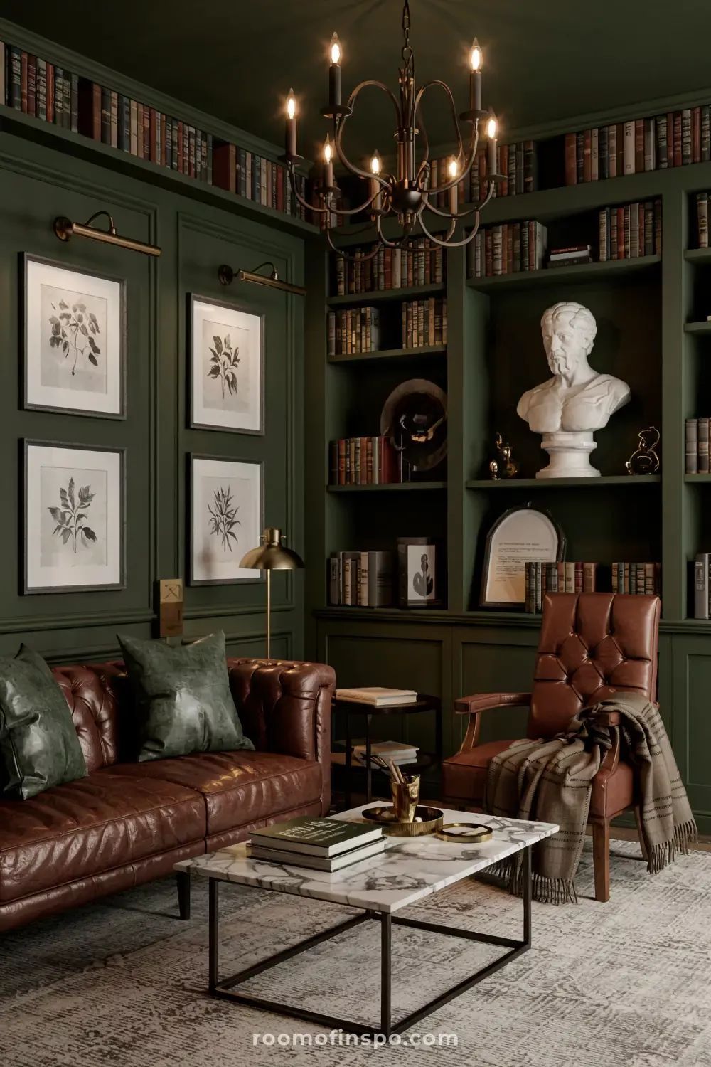 Elegant Green Library with Leather Furniture