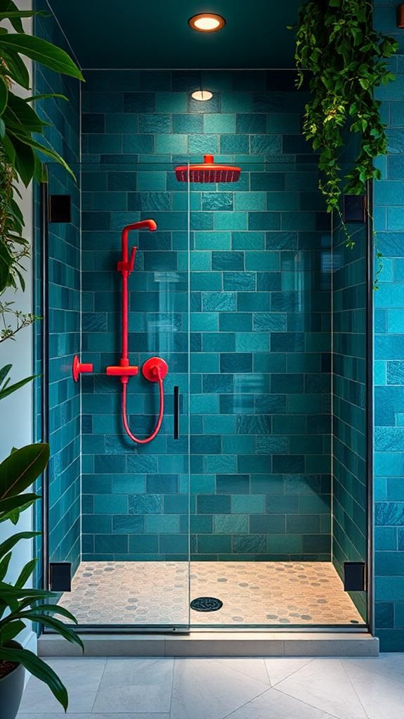 Modern Shower with Vibrant Blue Tiles