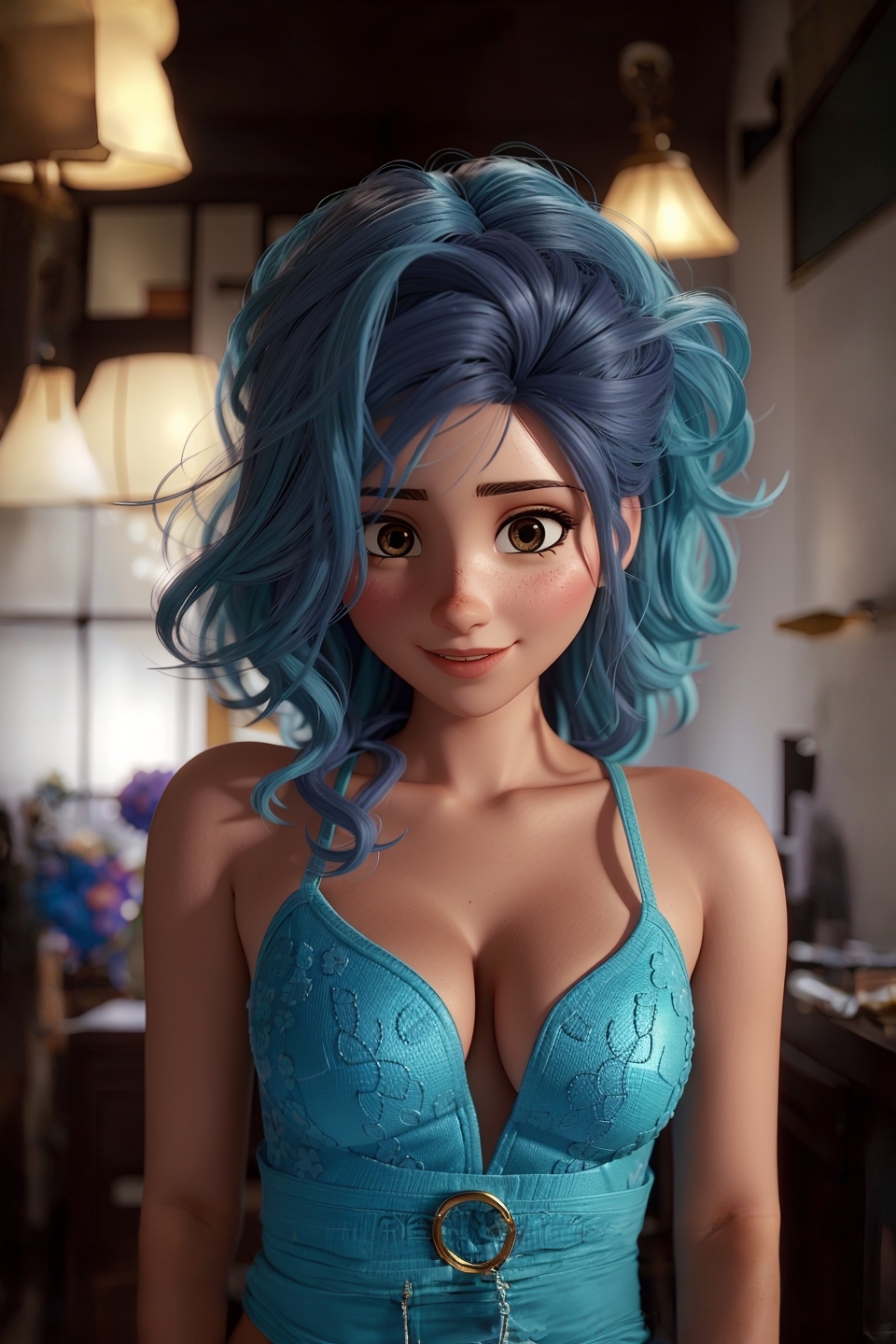 Blue-haired Woman in Lace Bra