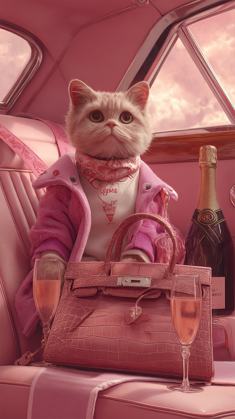 Luxurious Cat in Pink Car