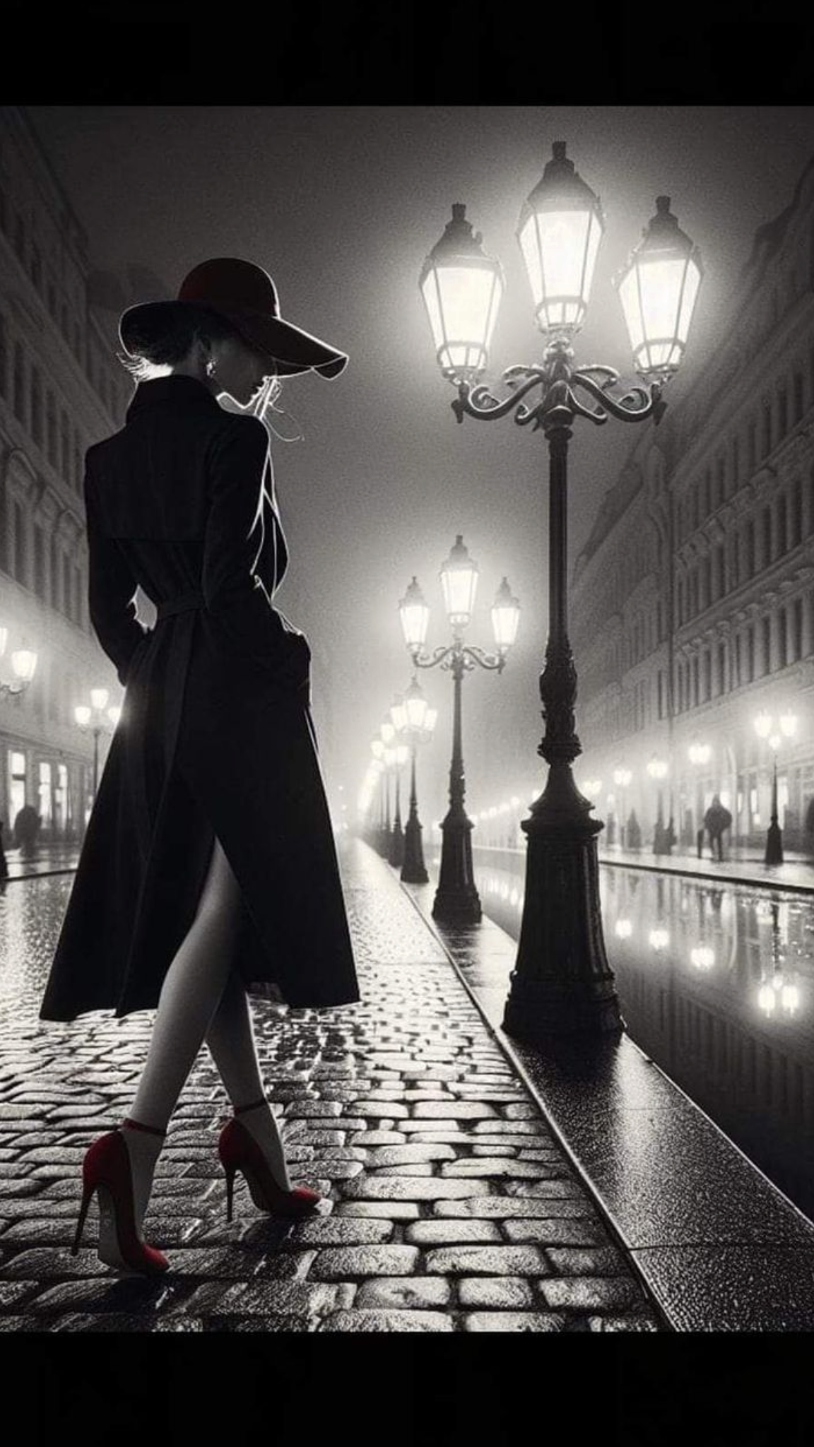 Elegant Woman Walking Down Wet Cobblestone Street