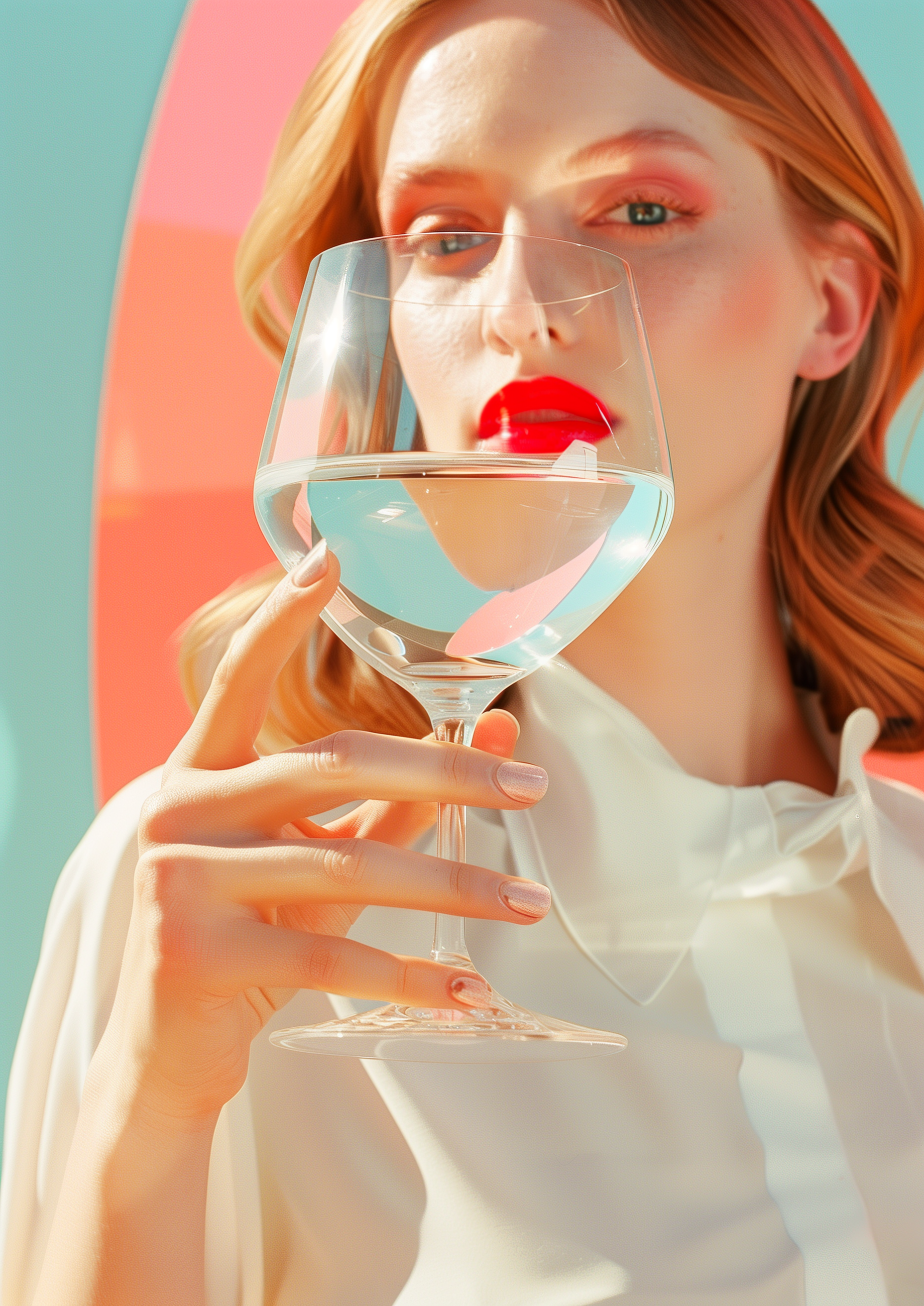 Woman with Red Lips Holding Wine Glass