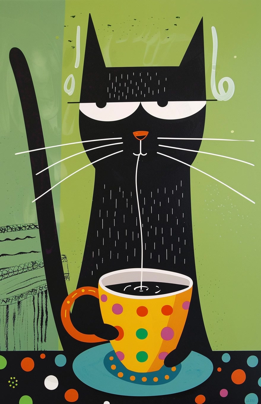 Rainy Cat Drinking Coffee