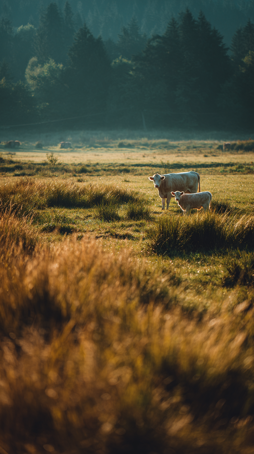 Cow and Calf in Golden Pasture