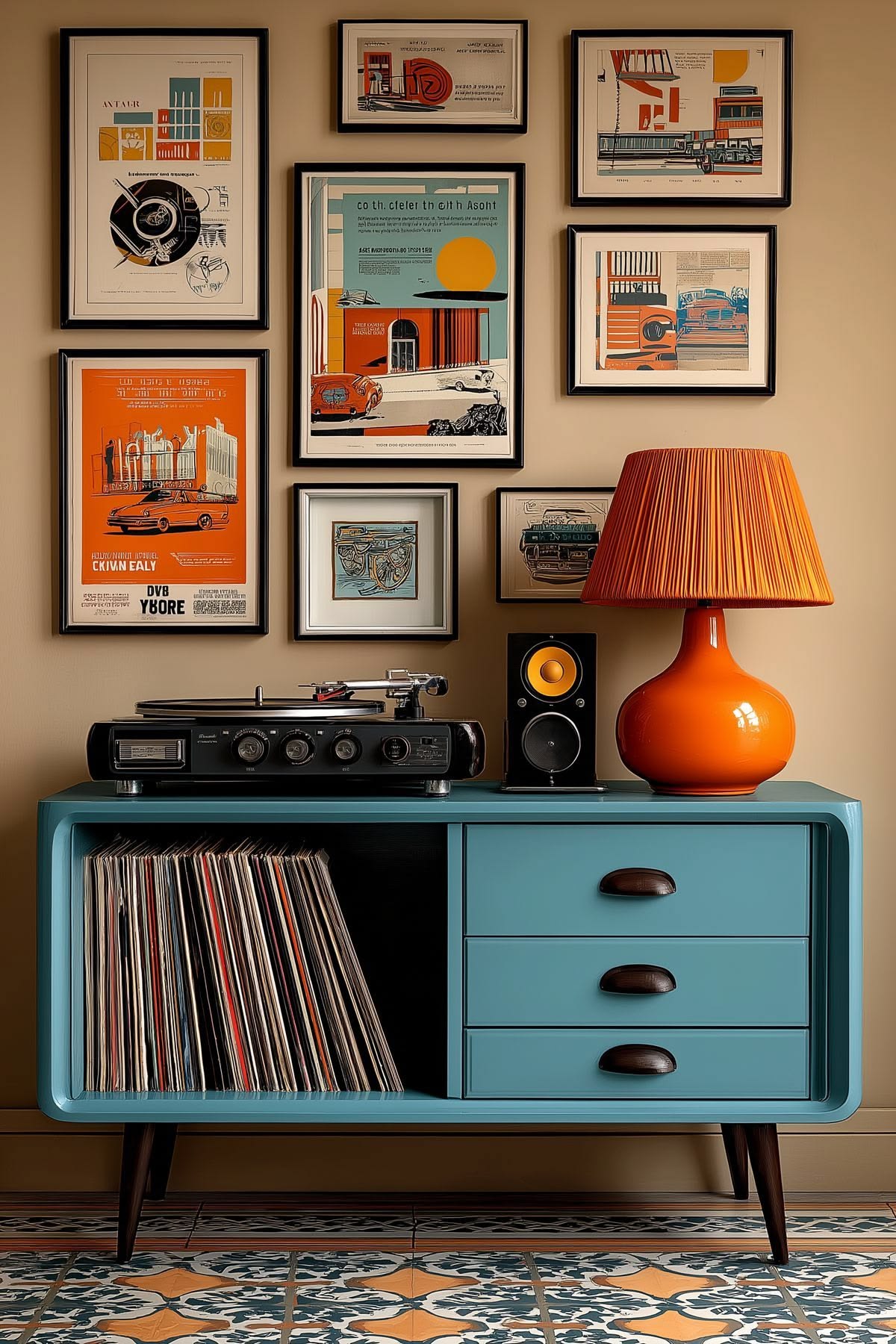 Vinyl Record Player with Retro Wall Art
