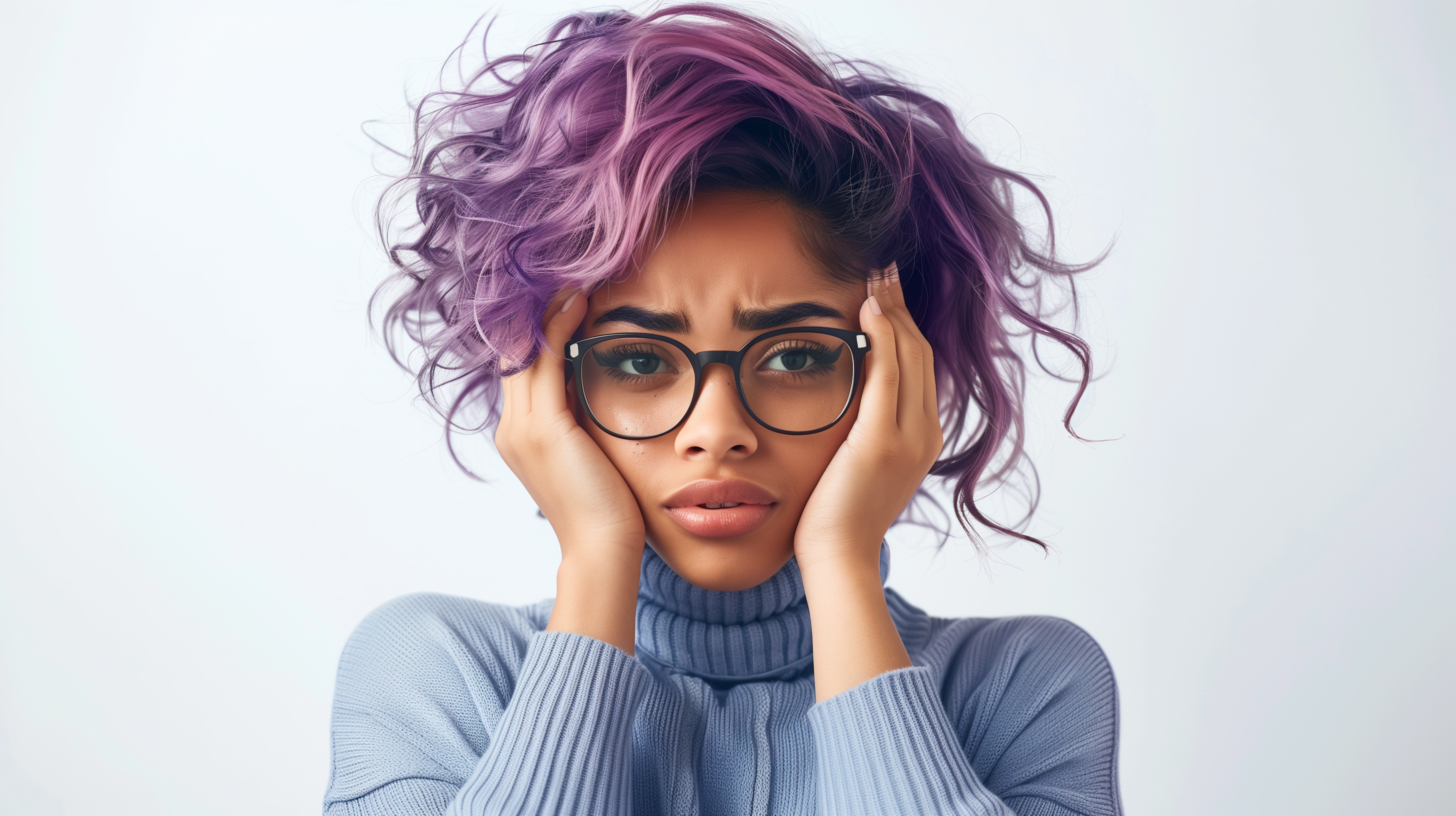 Purple-Haired Woman Expressing Stress