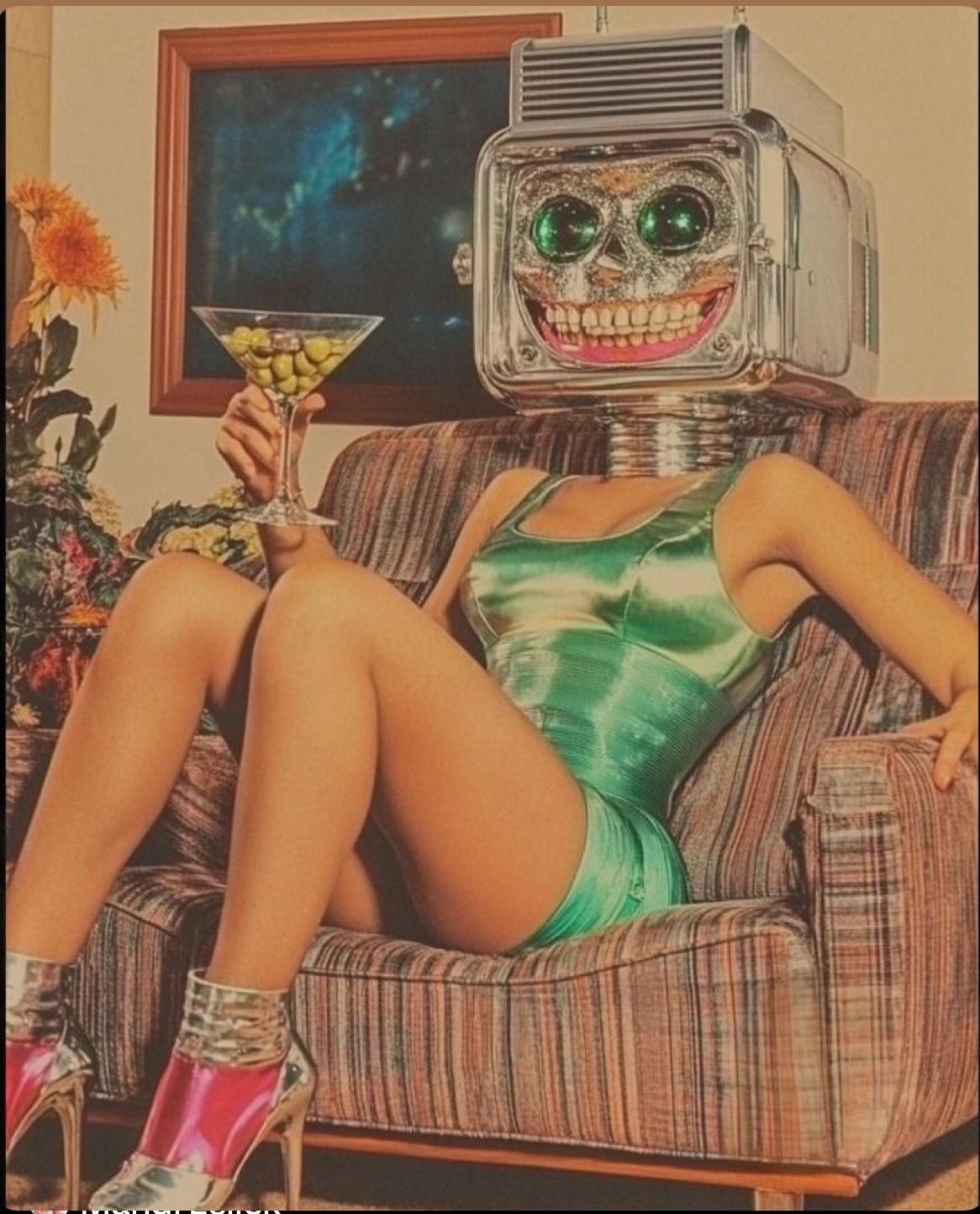 Robot Headed Woman in Green Catsuit