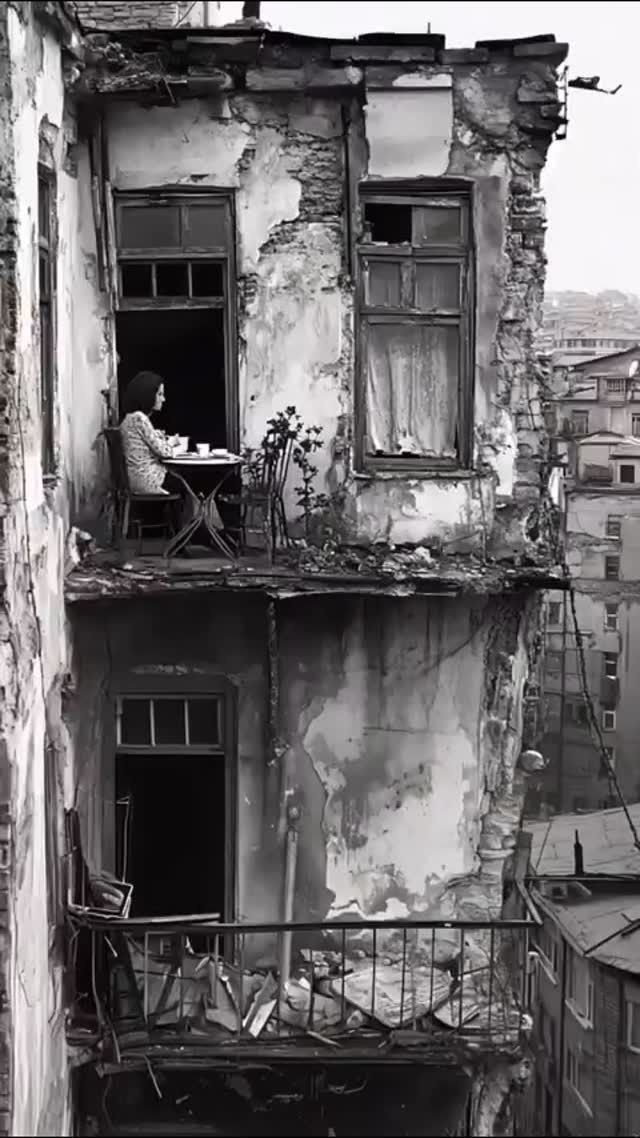 Lonely Figure on Weathered Balcony