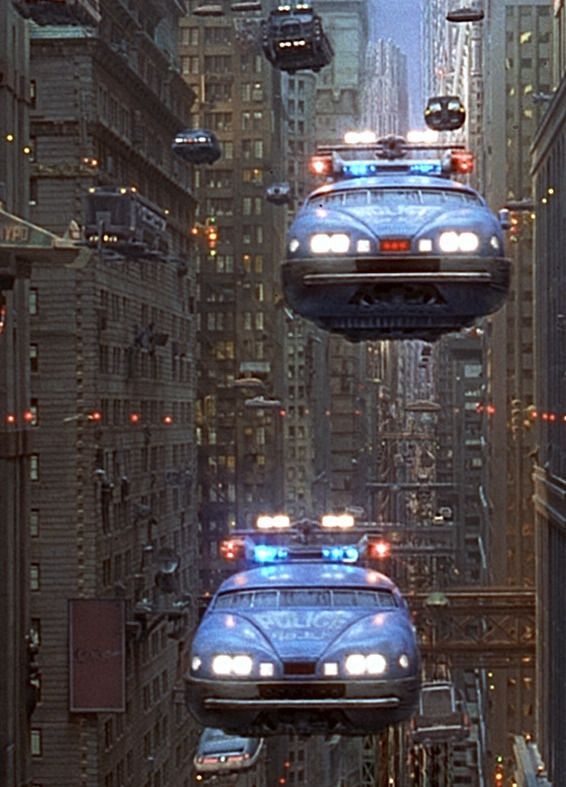 Sci-fi cityscape with flying cars