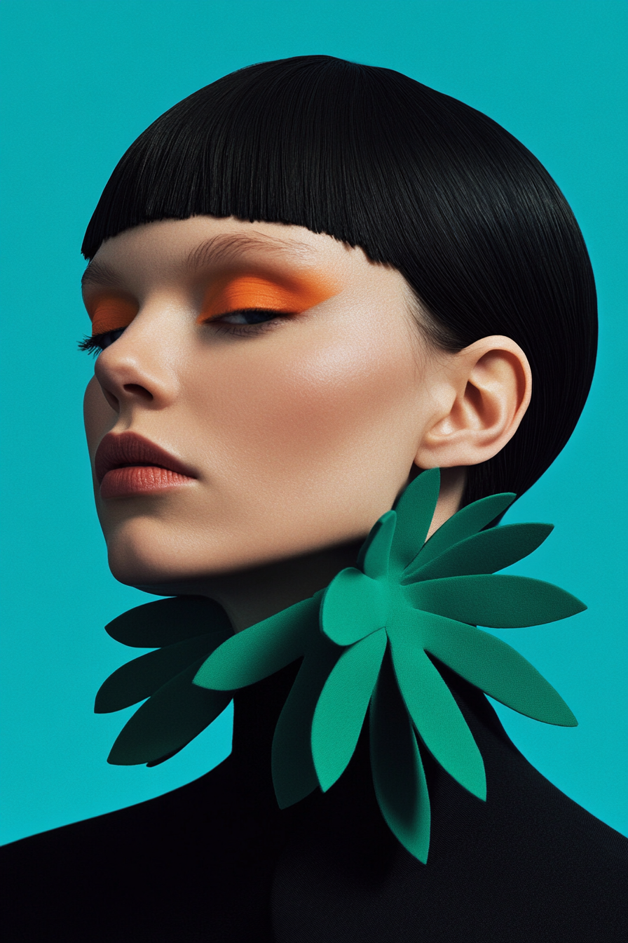 Modern Art Portrait with Vibrant Makeup and Leaf Collar