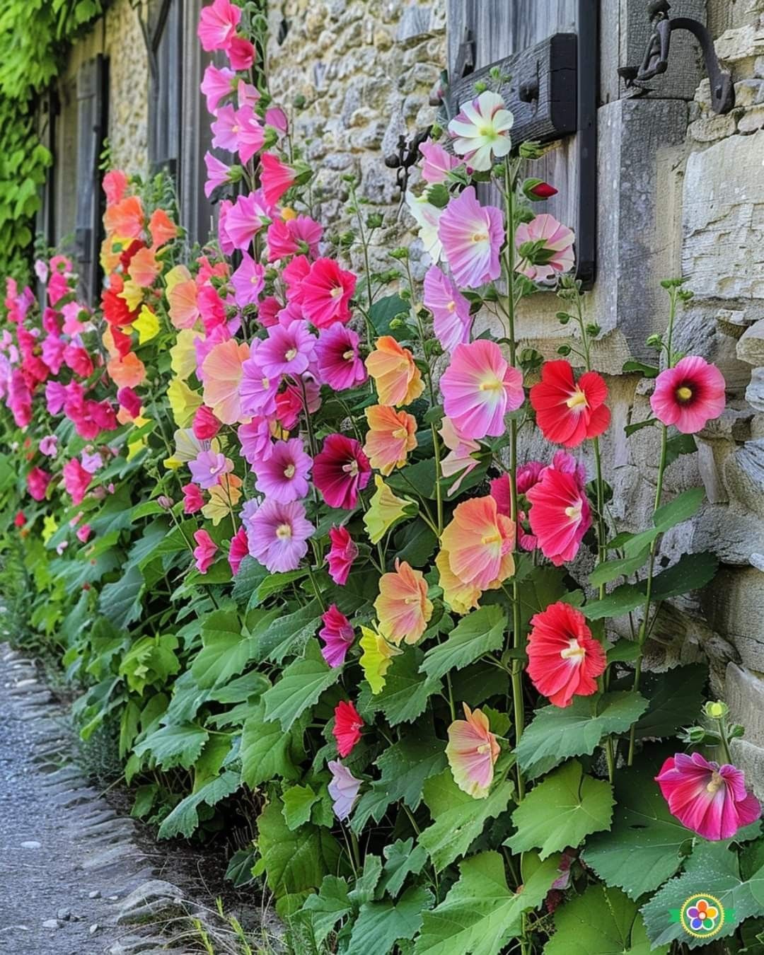 Colorful Hollyhocks Against Stone Wall