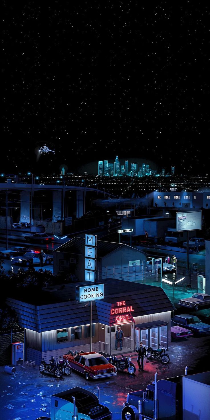 Urban Night Scene with Neon Signs