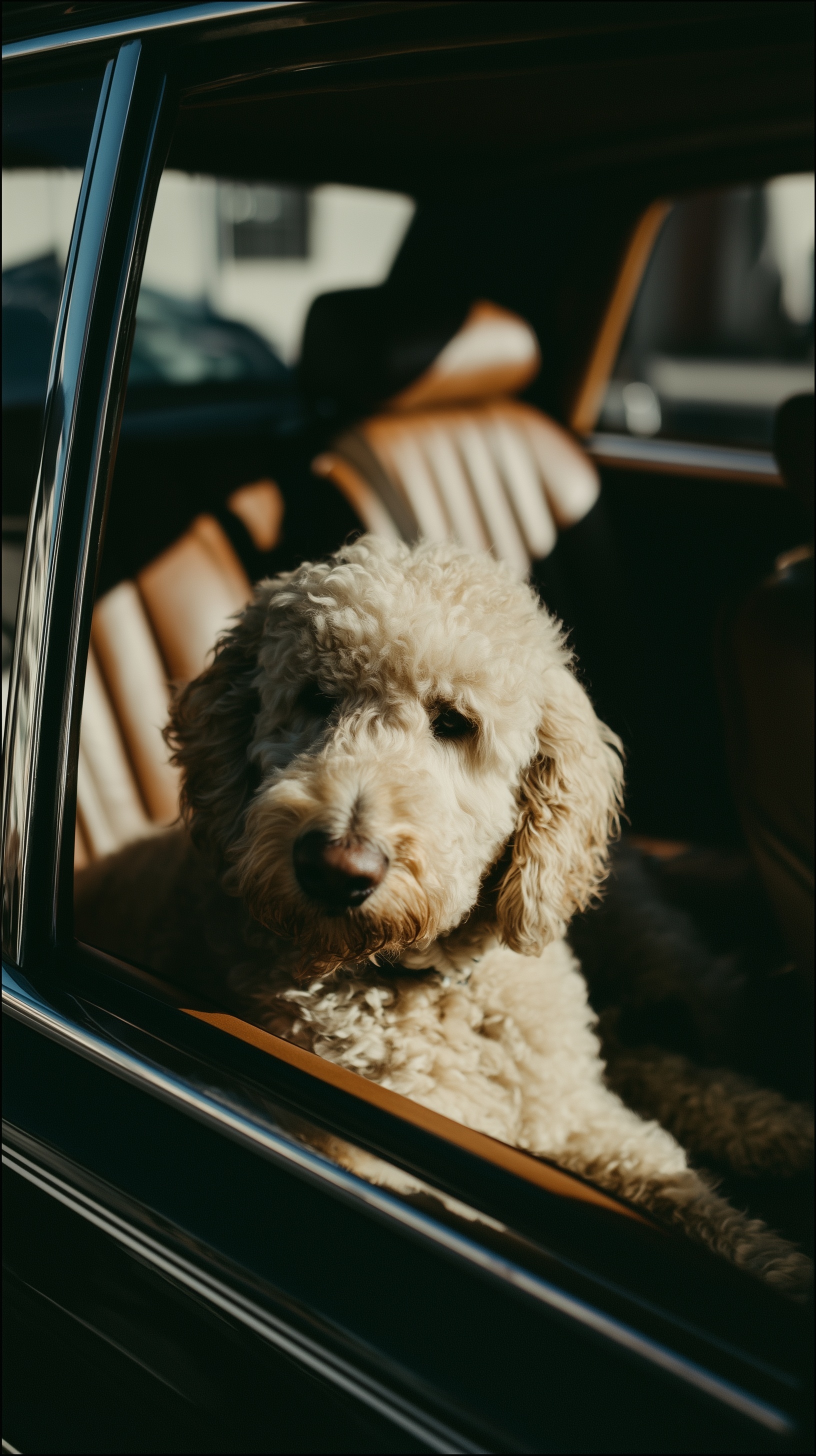 Curly Poodle Peeking Out of Car Window