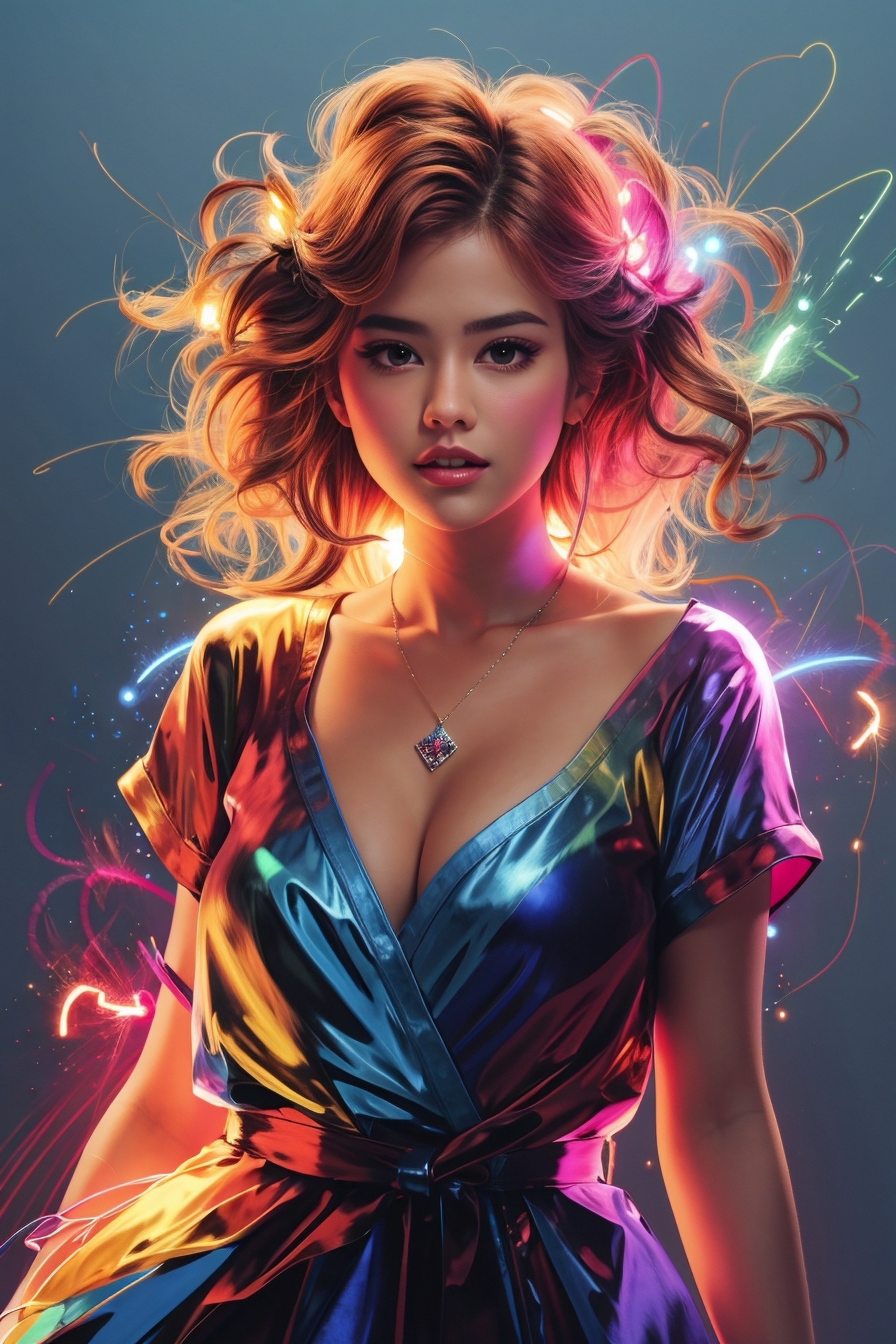 Glowing Woman in Vibrant Dress