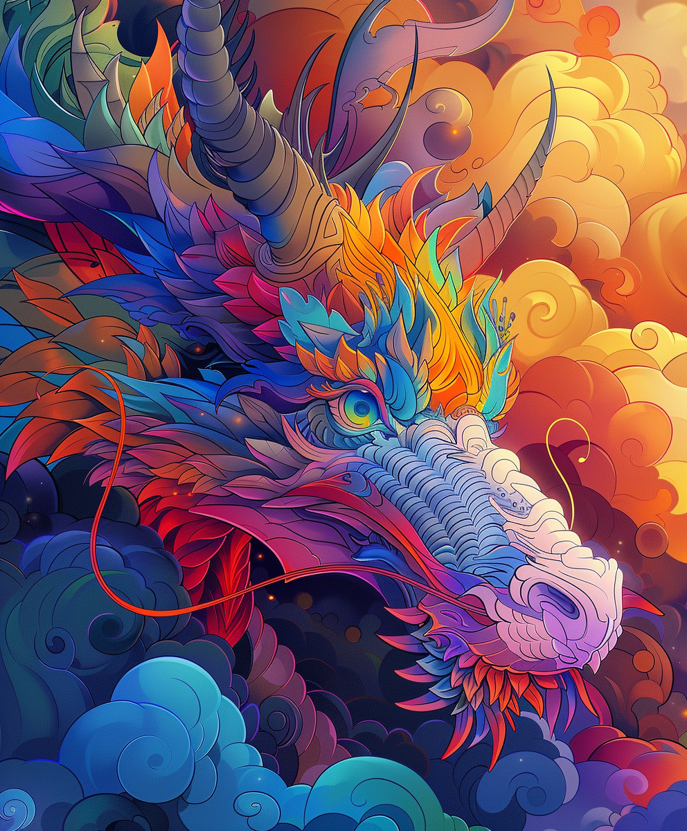 Colorful Dragon in Flames