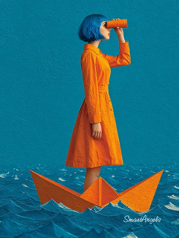 Blue Haired Woman on Paper Boat