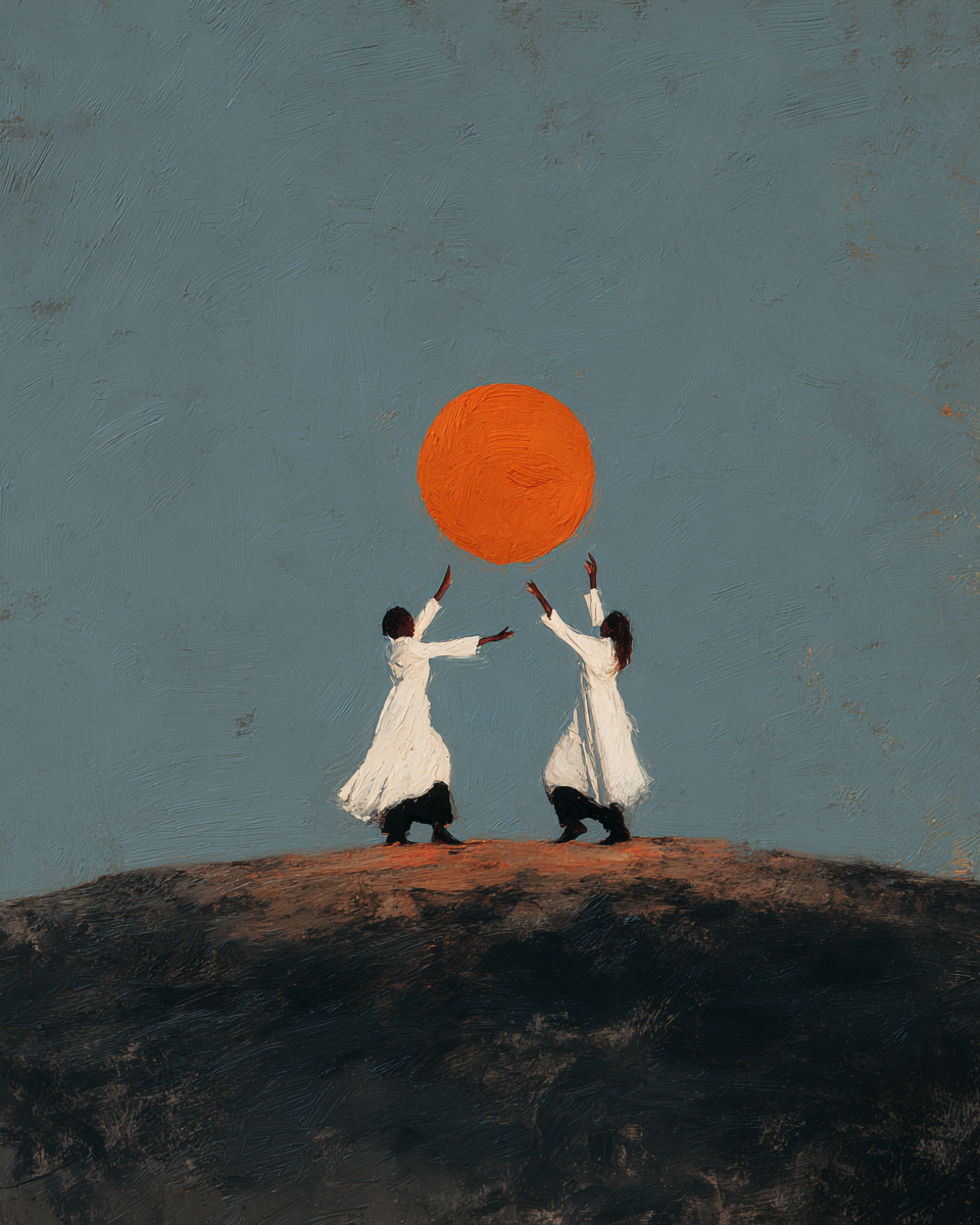 Two Figures Reaching for Sun