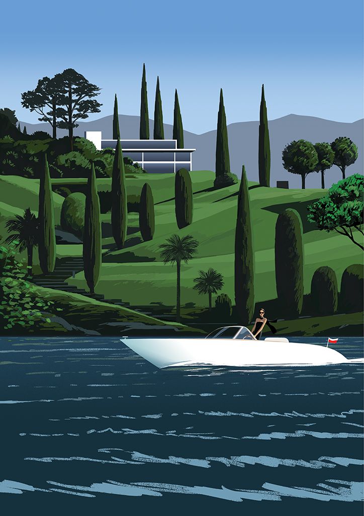 Boating on a serene lake with cypress trees and modern architecture