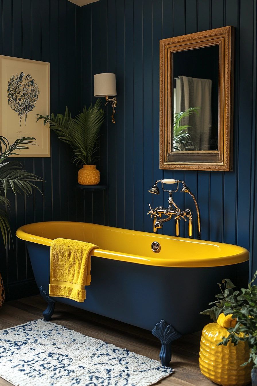 Bold Yellow Bathtub in Dark Blue Bathroom