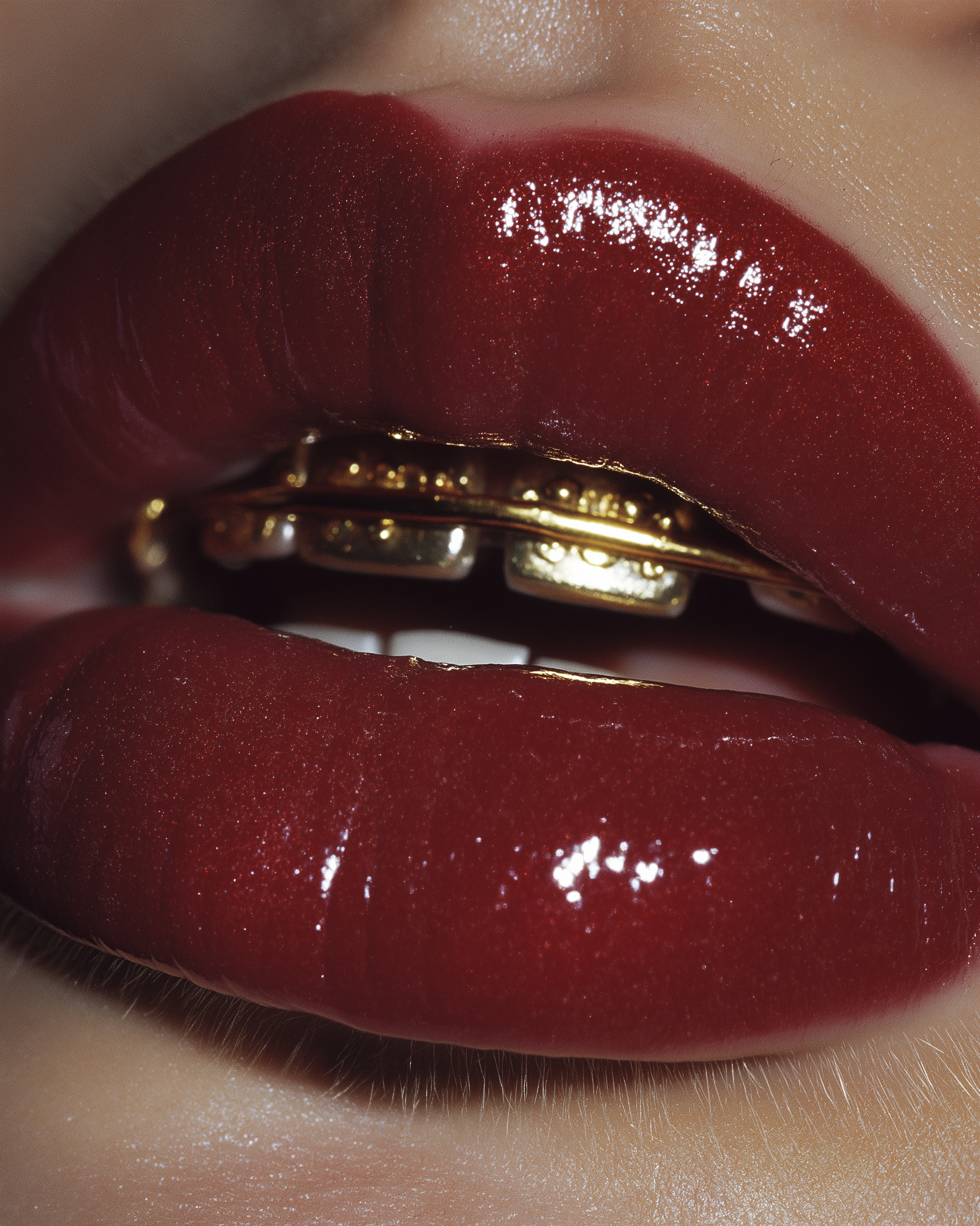 Glossy Red Lips with Gold Teeth