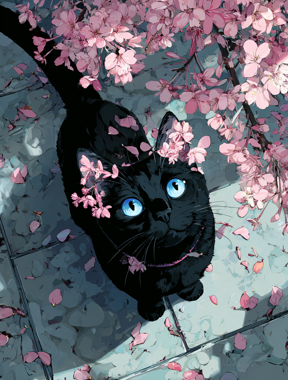 Black Cat Amidst Cherry Blossoms