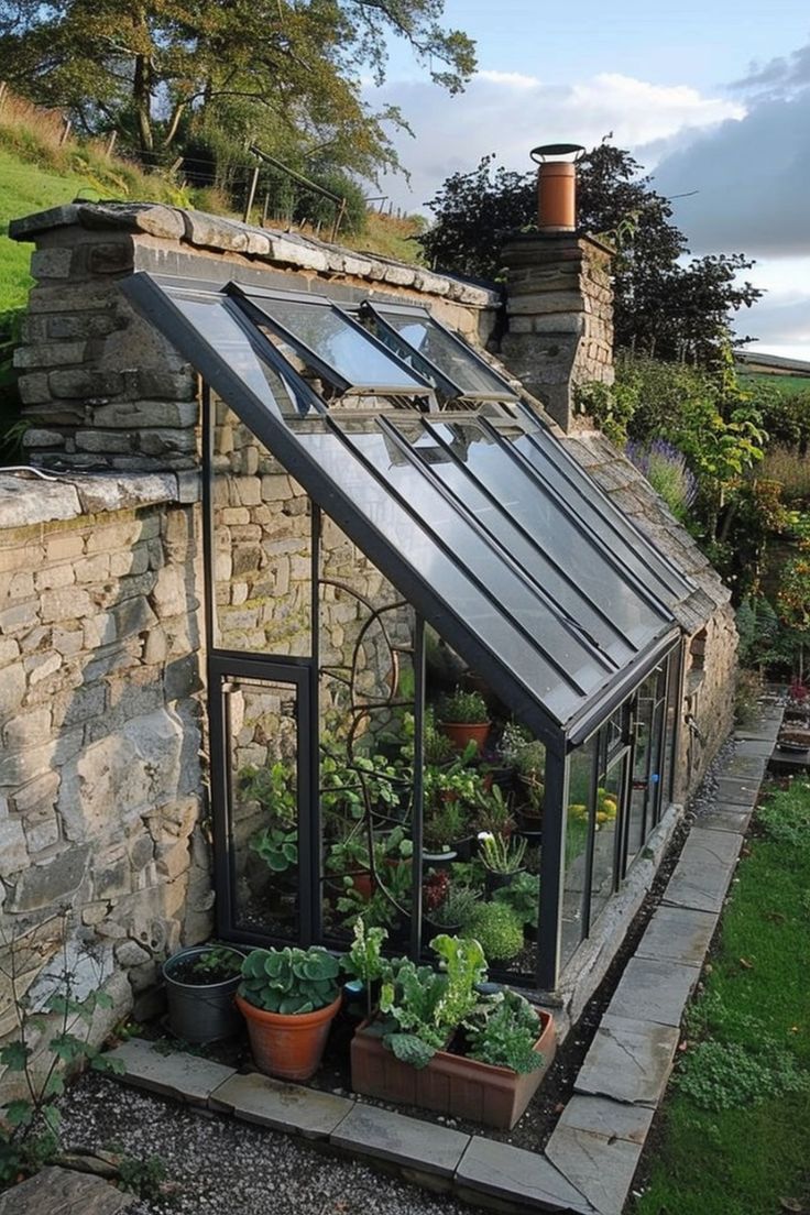 Garden Greenhouse with Stone Walls