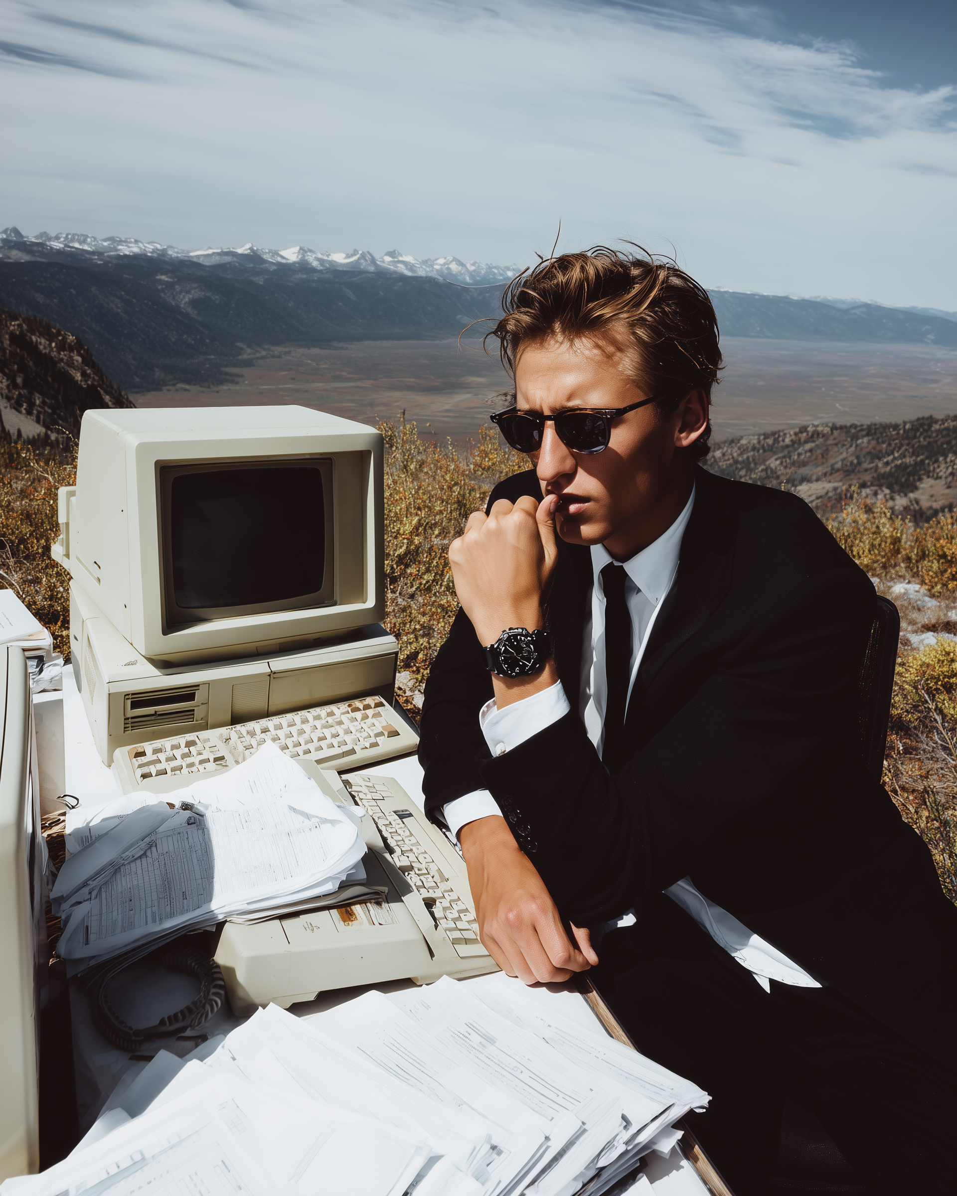 Man in suit at computer in scenic location