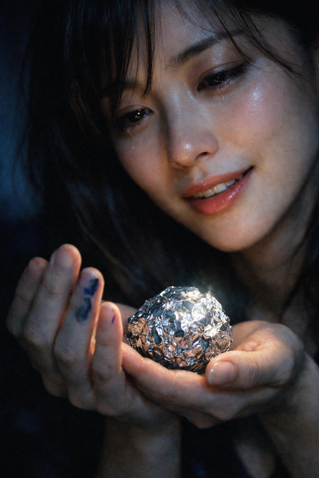 Woman holding foil-wrapped object